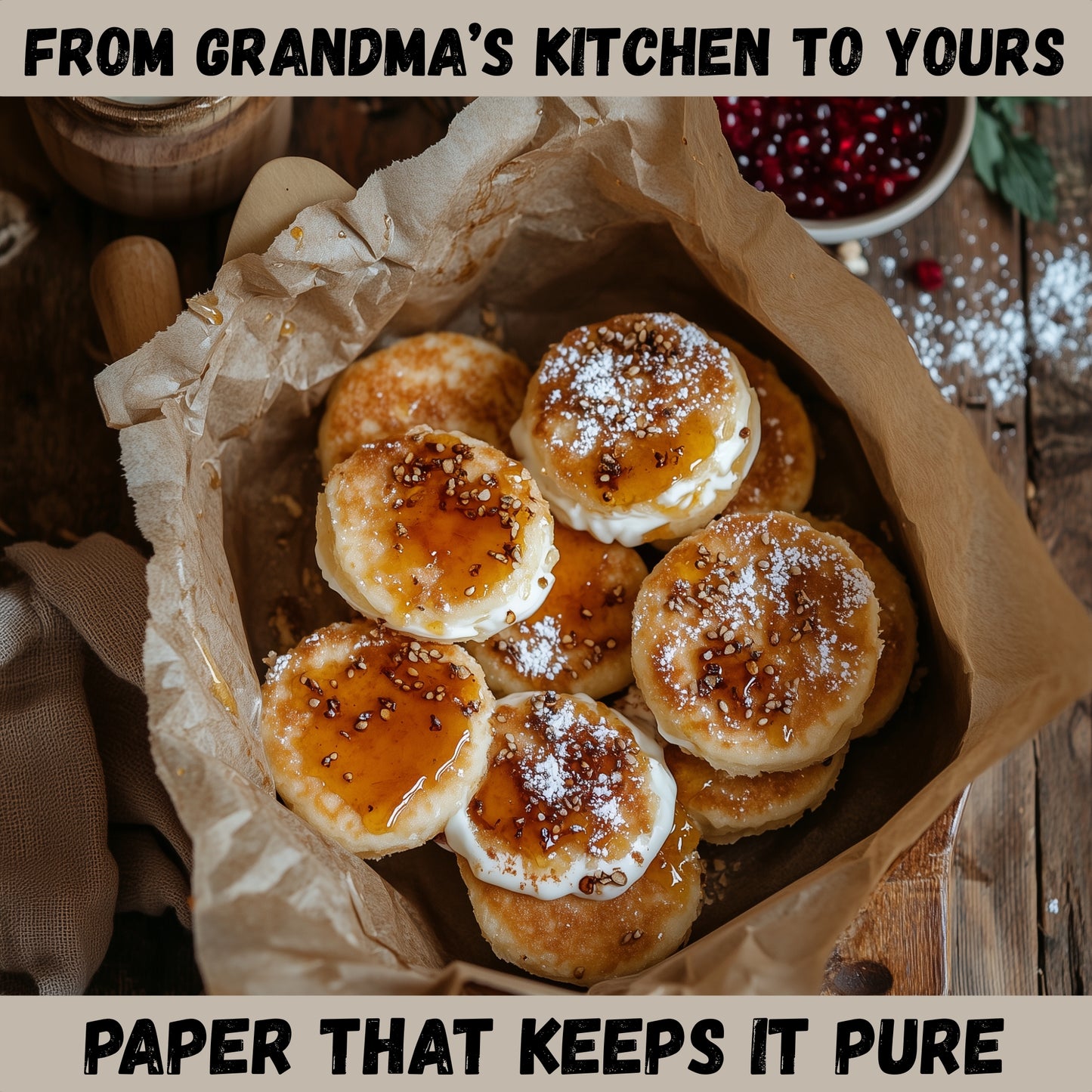 Fresh Ukrainian syrniki with honey and powdered sugar on eco-friendly deli paper — pure taste, no mess.