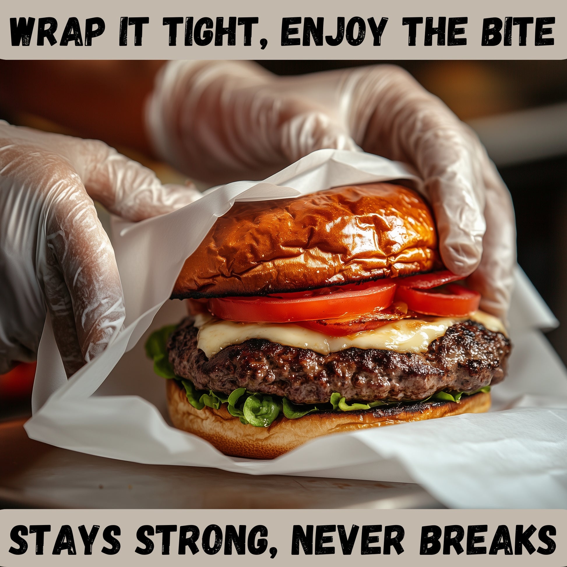 Juicy cheeseburger wrapped in sturdy brown deli paper sheet by Andrews Kitchen, grease resistant and tear free