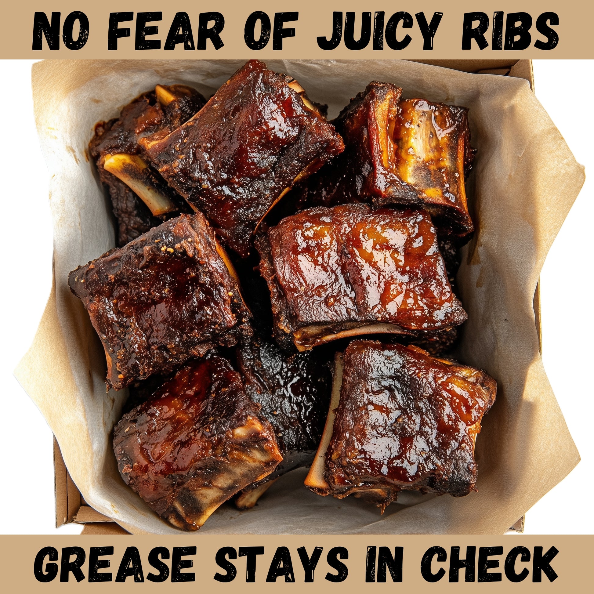 Box of juicy barbecue ribs wrapped in Andrews Kitchen grease resistant deli paper