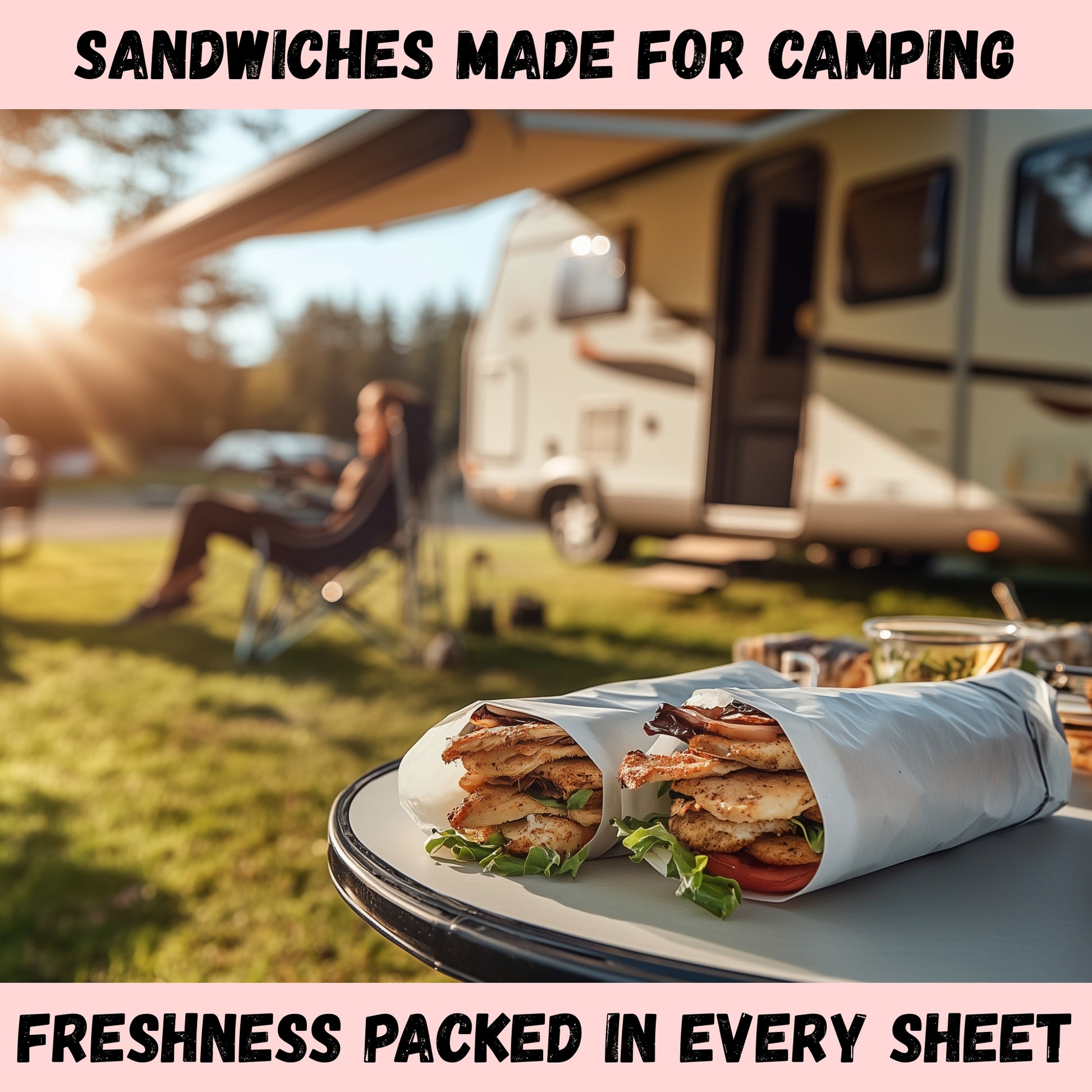Couple enjoying sandwiches wrapped in eco friendly deli paper outdoors while camping