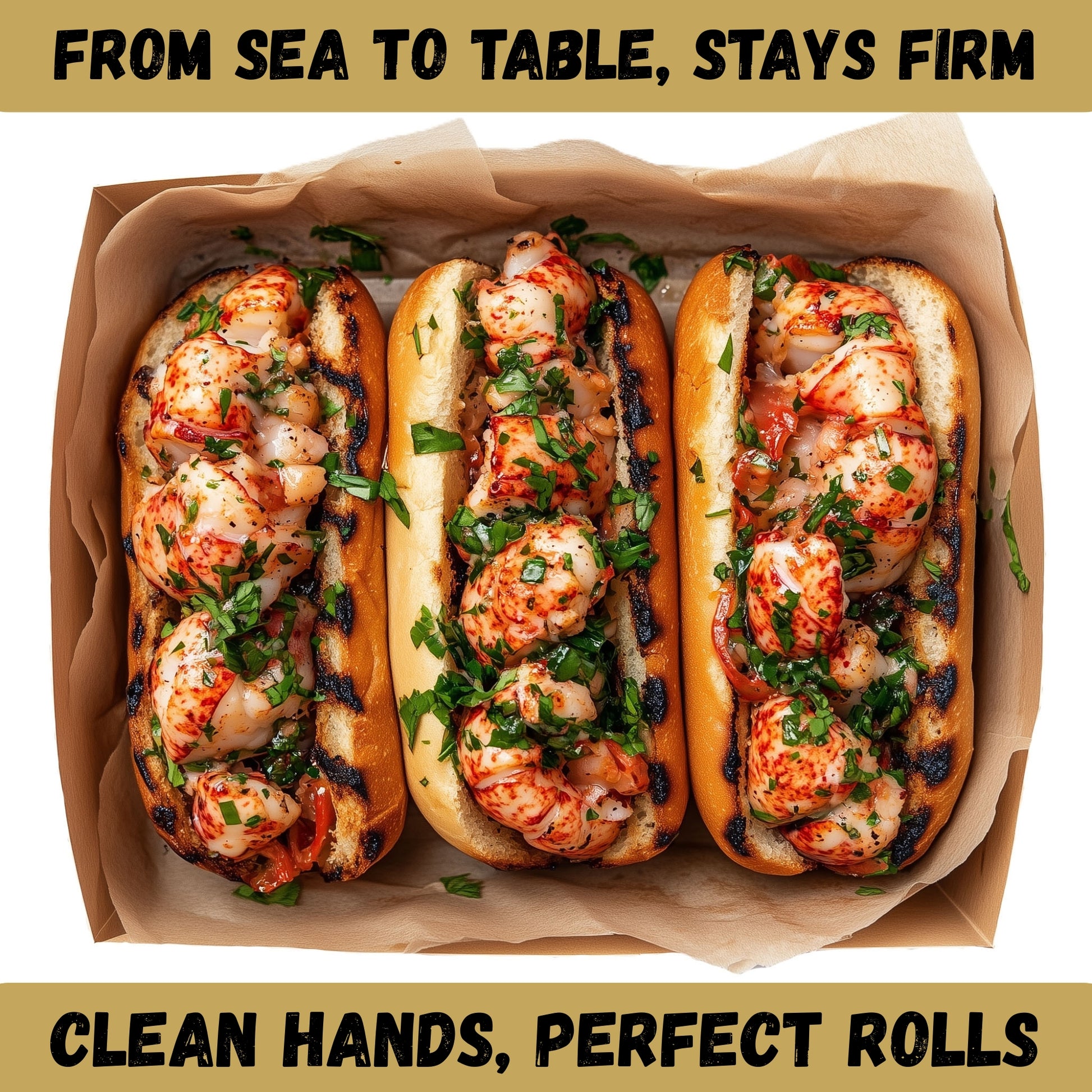 Lobster rolls in toasted buns wrapped in strong deli sheets that don’t tear easily
