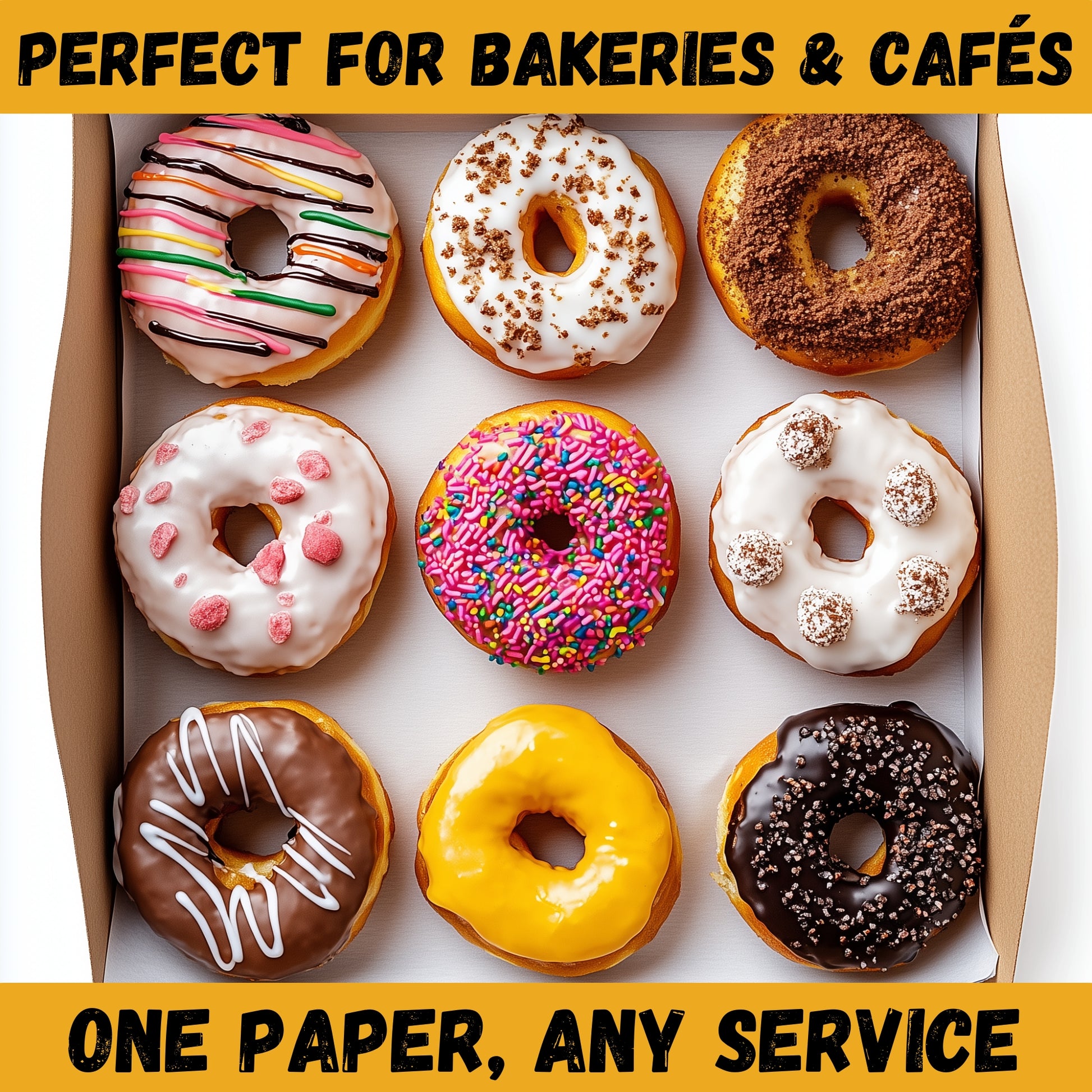 Box of colorful donuts resting on eco-friendly deli sheets — perfect for bakeries, cafés, and food service.