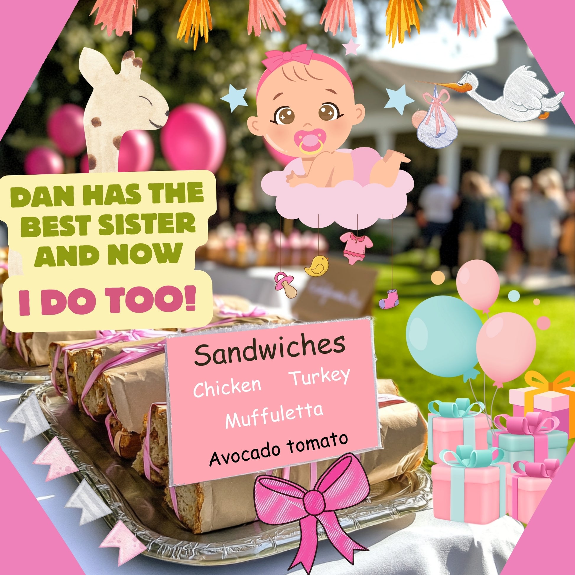 Baby shower celebration with sandwiches wrapped in Andrews Kitchen deli paper on decorated party table