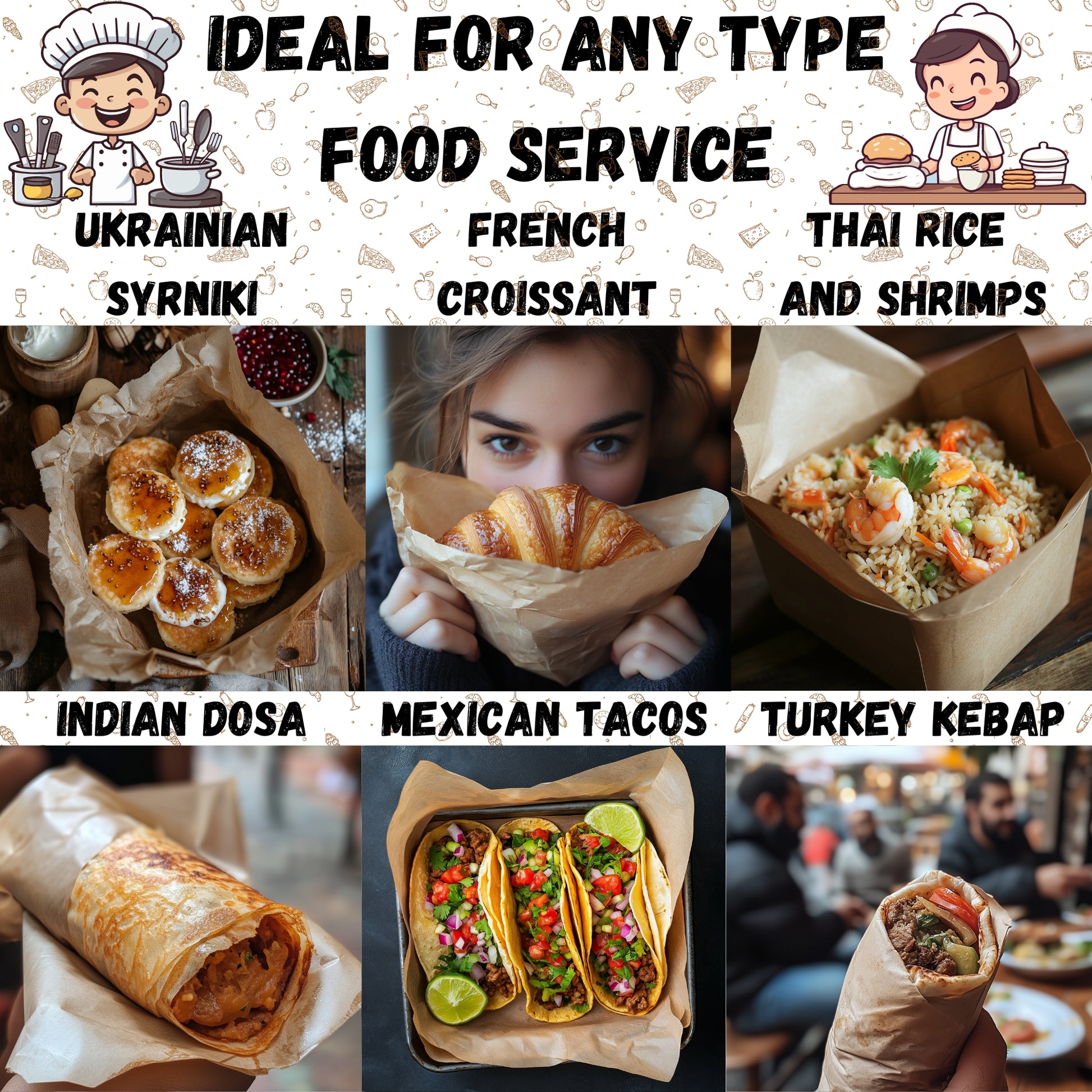 Eco-friendly deli paper by Andrews Kitchen holding Ukrainian syrniki, French croissant, Thai rice with shrimps, Indian dosa, Mexican tacos, and Turkey kebap — strong, grease-resistant sheets for global food service.